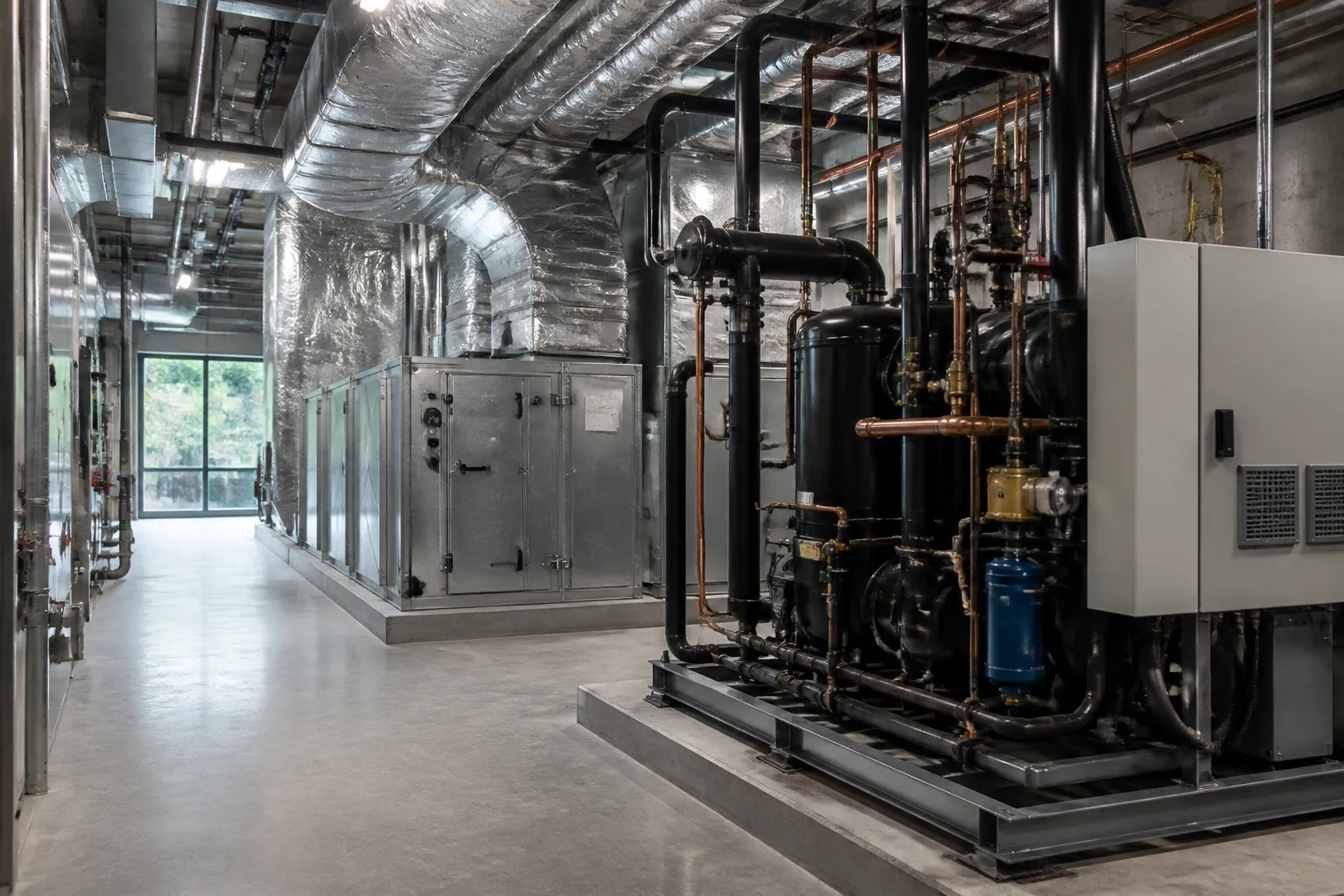 Modern commercial mechanical room with clean HVAC and refrigeration equipment