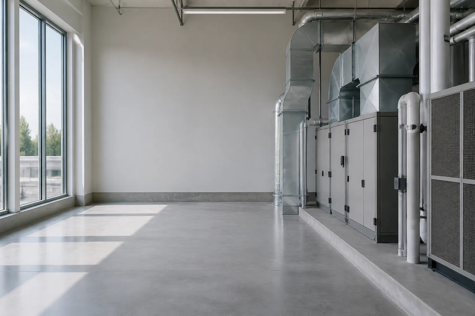 Clean commercial mechanical room with open space for text