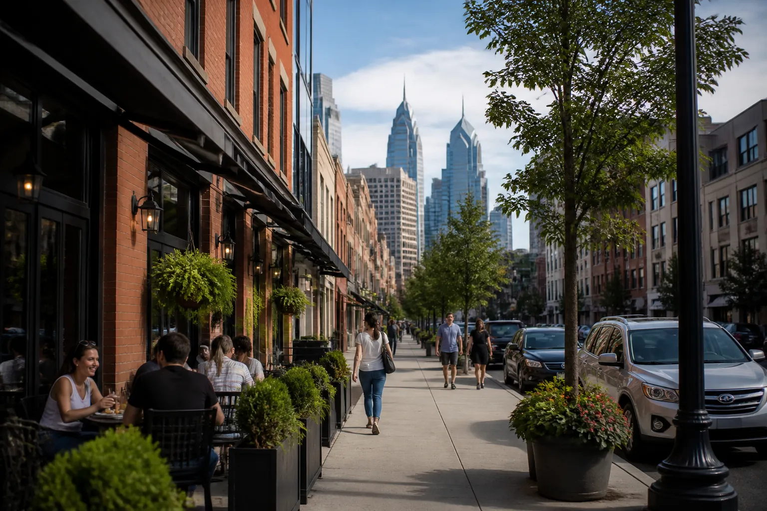 Welcoming Philadelphia commercial district with modern city buildings